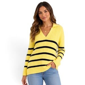 Liz Claiborne Sweater XL Yellow Navy Striped Rib Knit V-Neck Collared Preppy